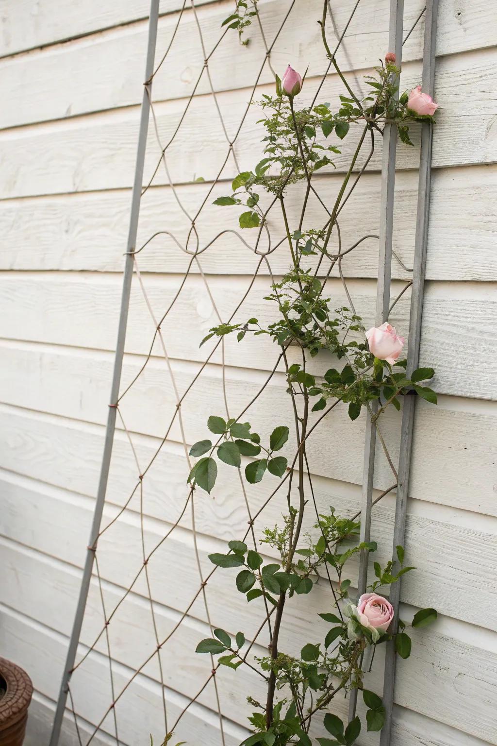 Wire Mesh Wonders: A chic solution for your climbing roses, blending minimalist design with nature's elegance.