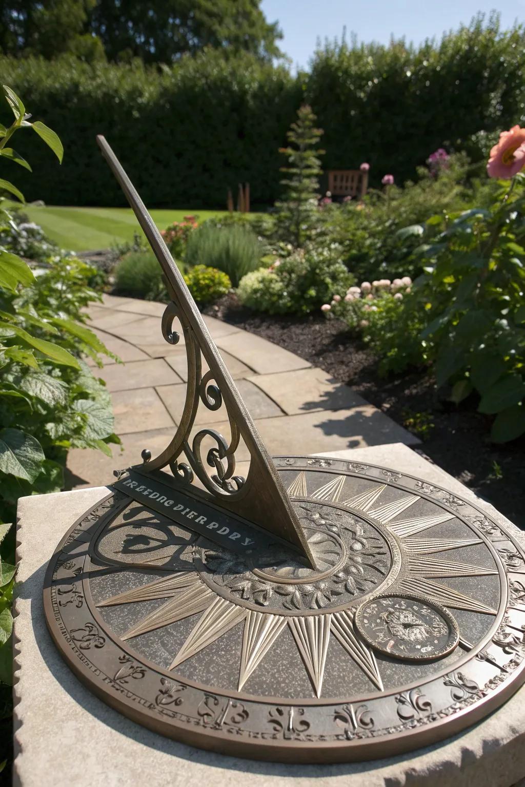 Craftsmanship meets nature: A stunning sun-themed garden sundial.
