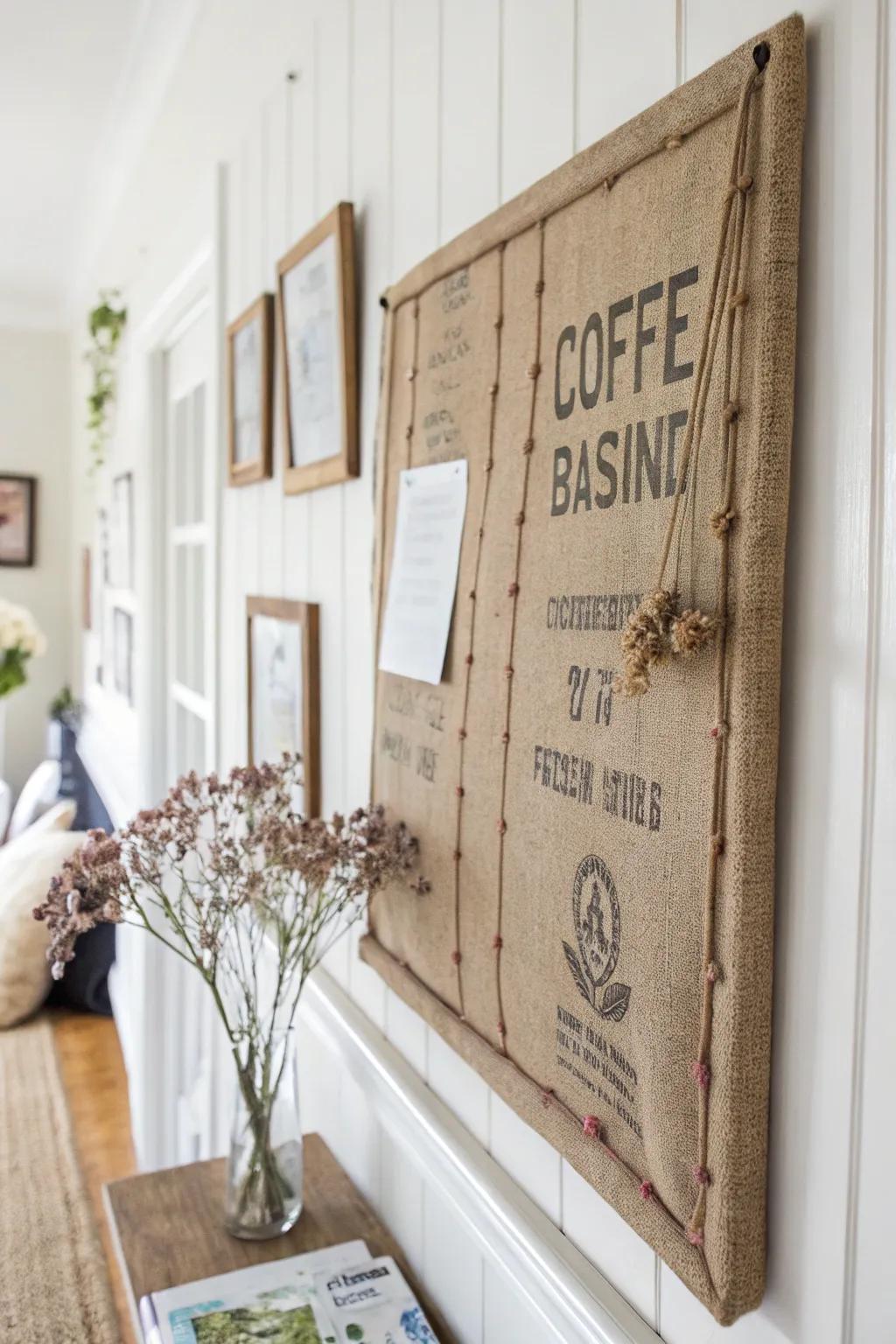 Transform your workspace with a rustic touch—make mundane notes feel special with a coffee sack bulletin board!