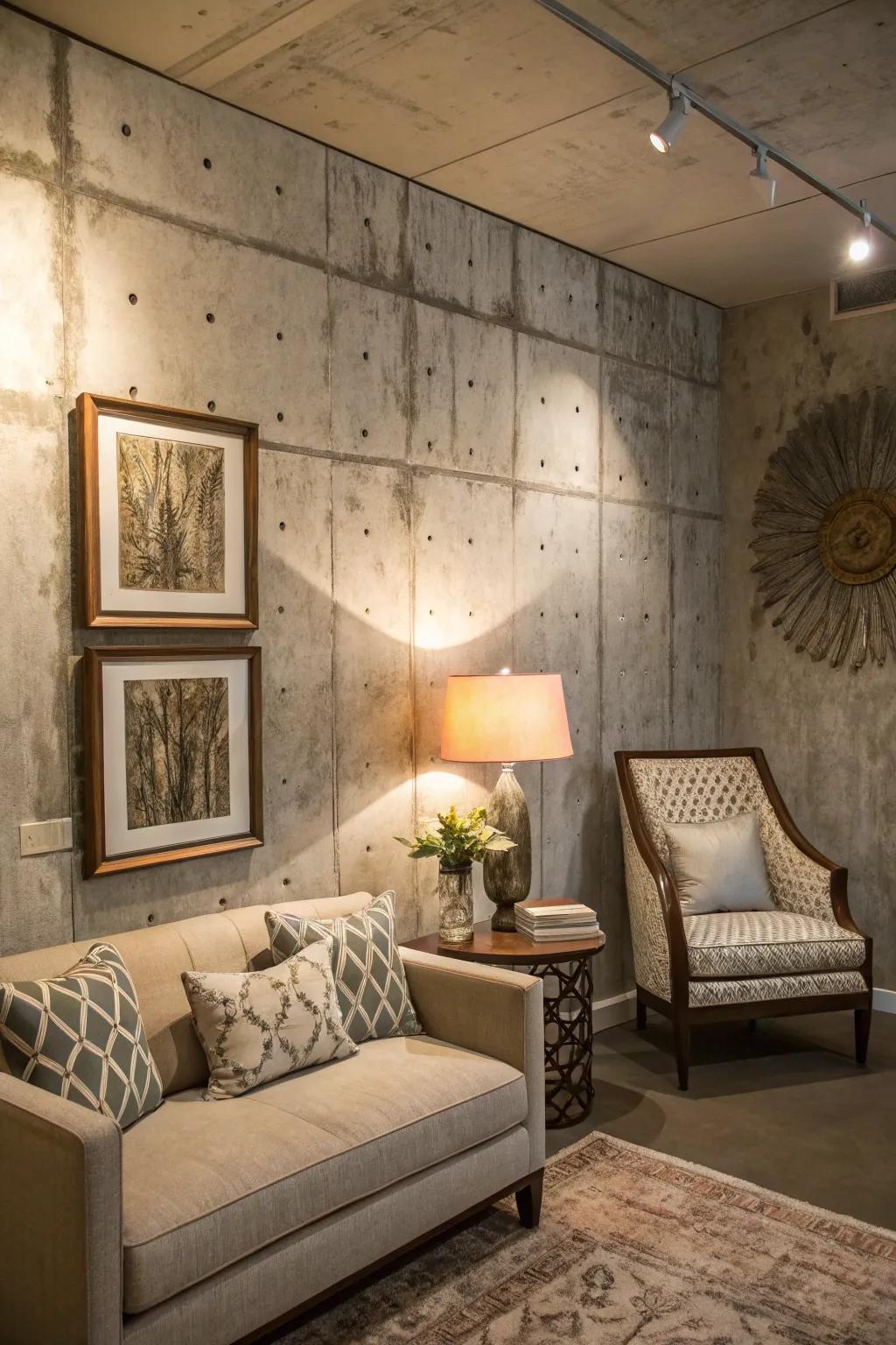 Textured overlays bring unexpected elegance to concrete walls.