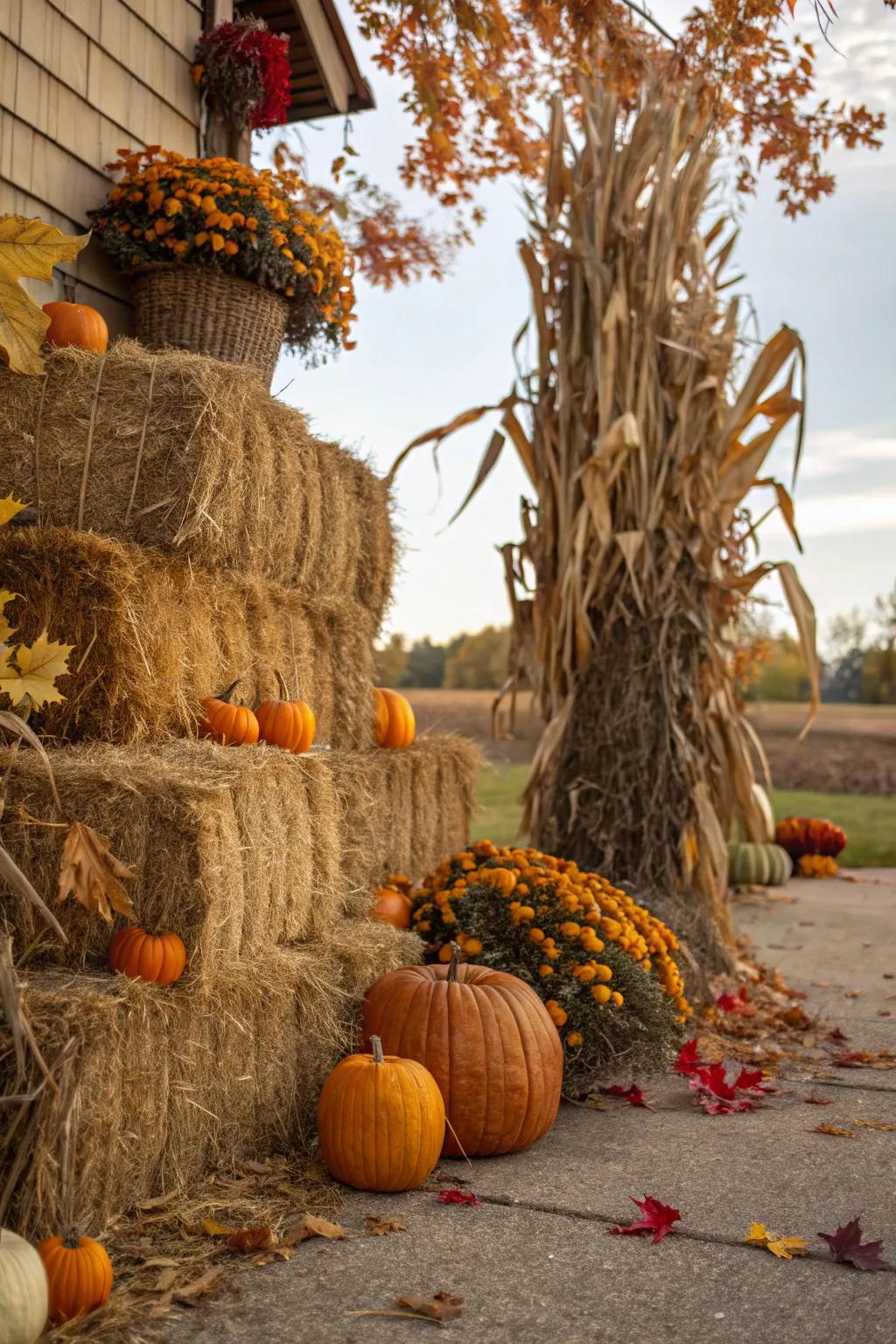 Create a rustic, layered effect with hay bales and corn stalks.
