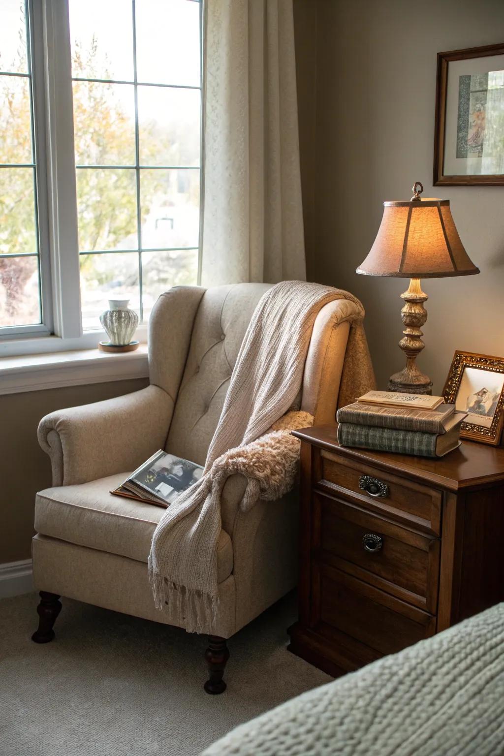 A sitting area adds versatility and charm.