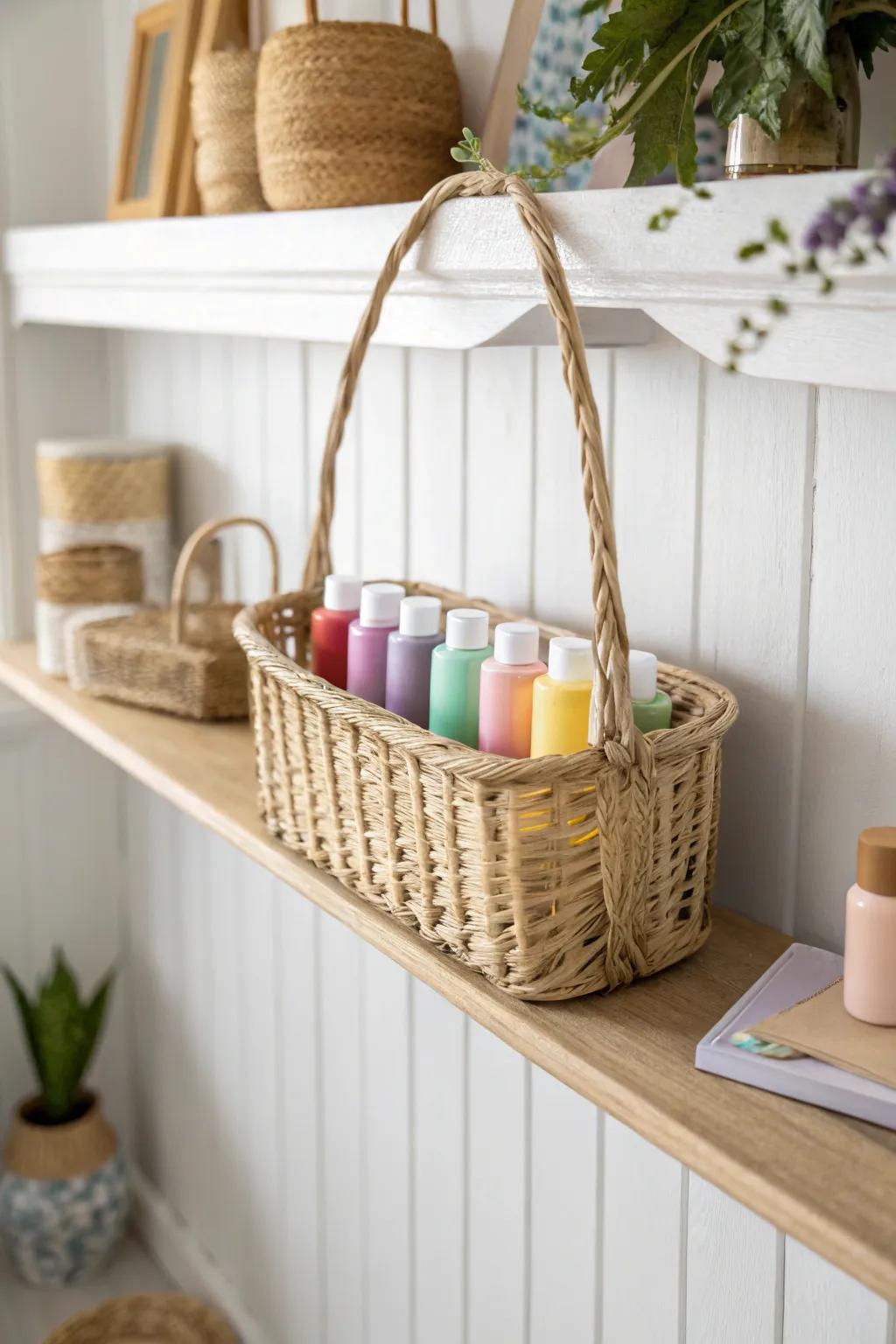 Elevate your craft space with under-shelf baskets: a stylish solution for organized creativity.