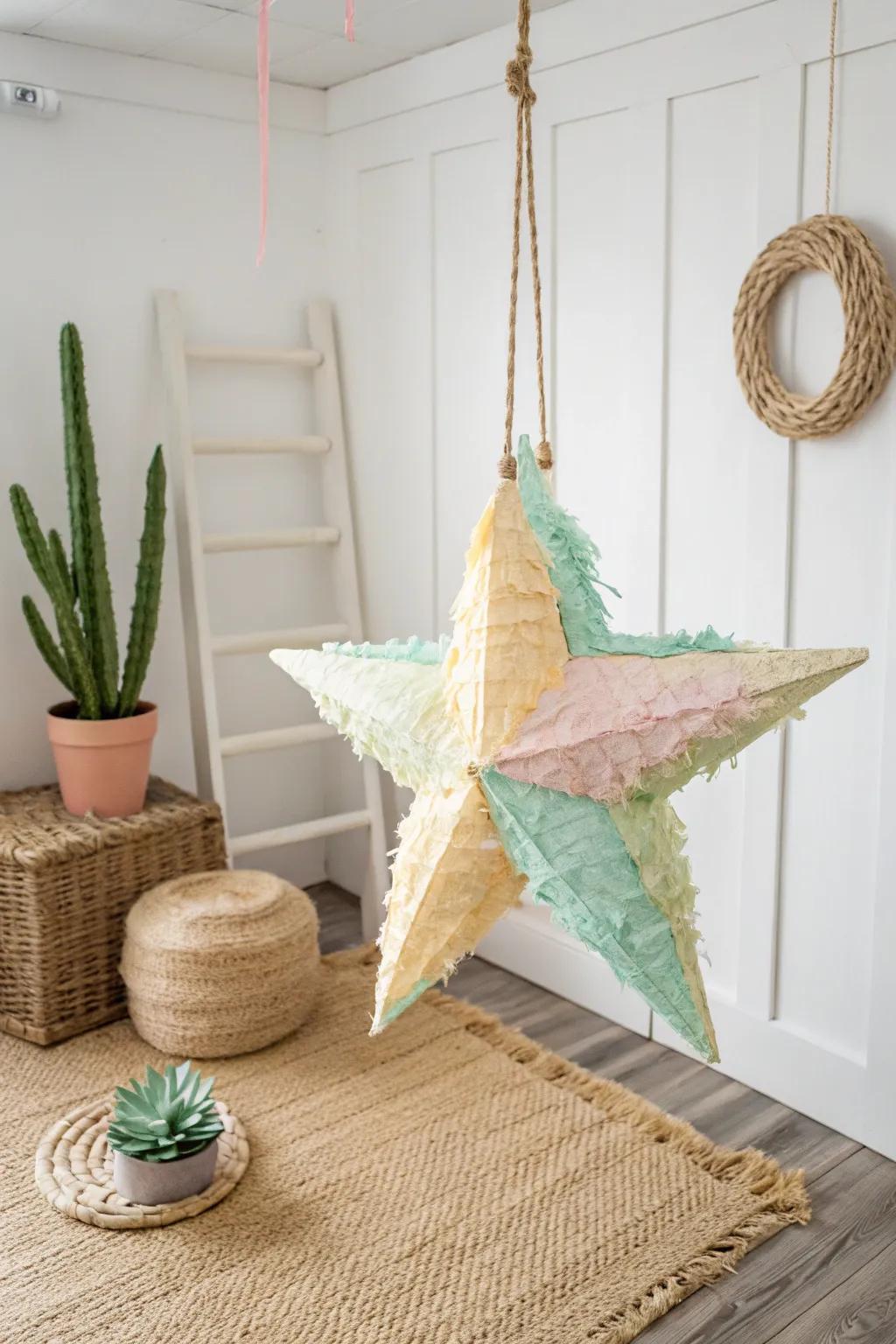 Celebrate creativity with a charming paper mache pinata, bringing a touch of festivity to your minimalist space.