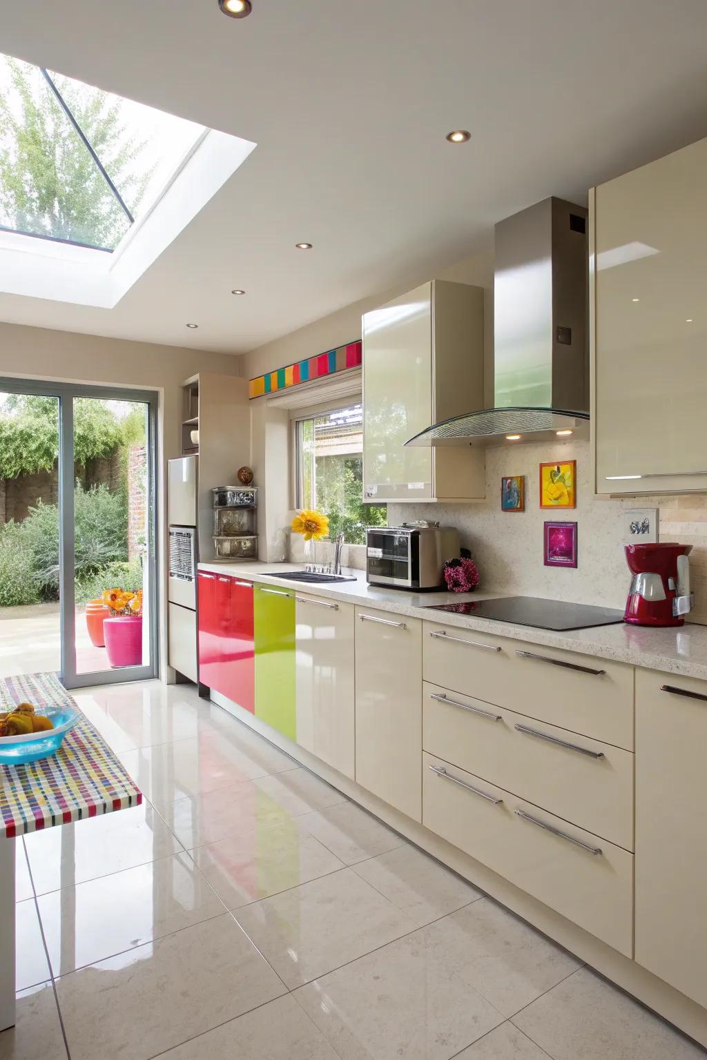 Pops of color adding a playful twist to a cream gloss kitchen.