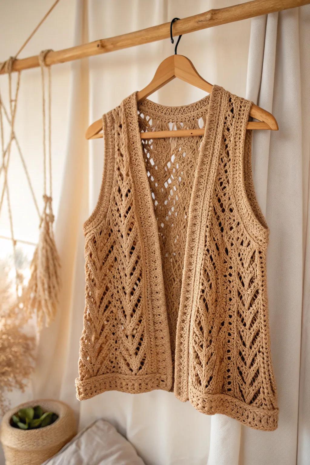 Embrace eco-friendly elegance with this beautifully crafted crochet vest. Sustainable style meets minimalist beauty.