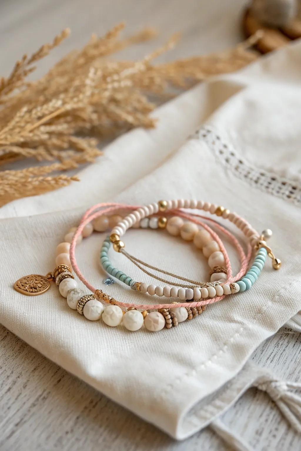 Effortlessly chic: Discover the art of layering with these minimalist boho-inspired bracelets.