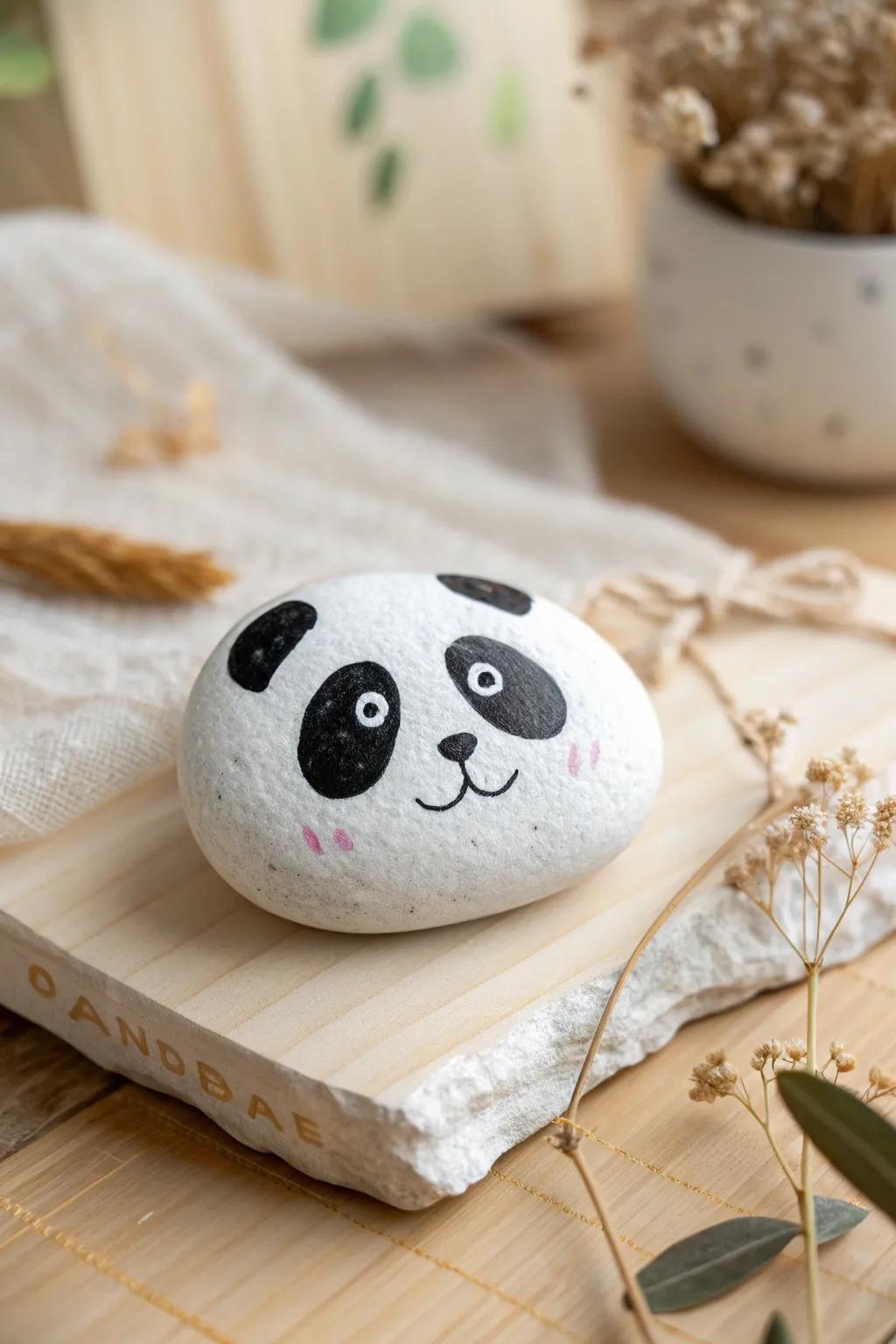 Bring a smile to your day with a minimalist panda kindness rock, blending Scandinavian simplicity with a boho touch.