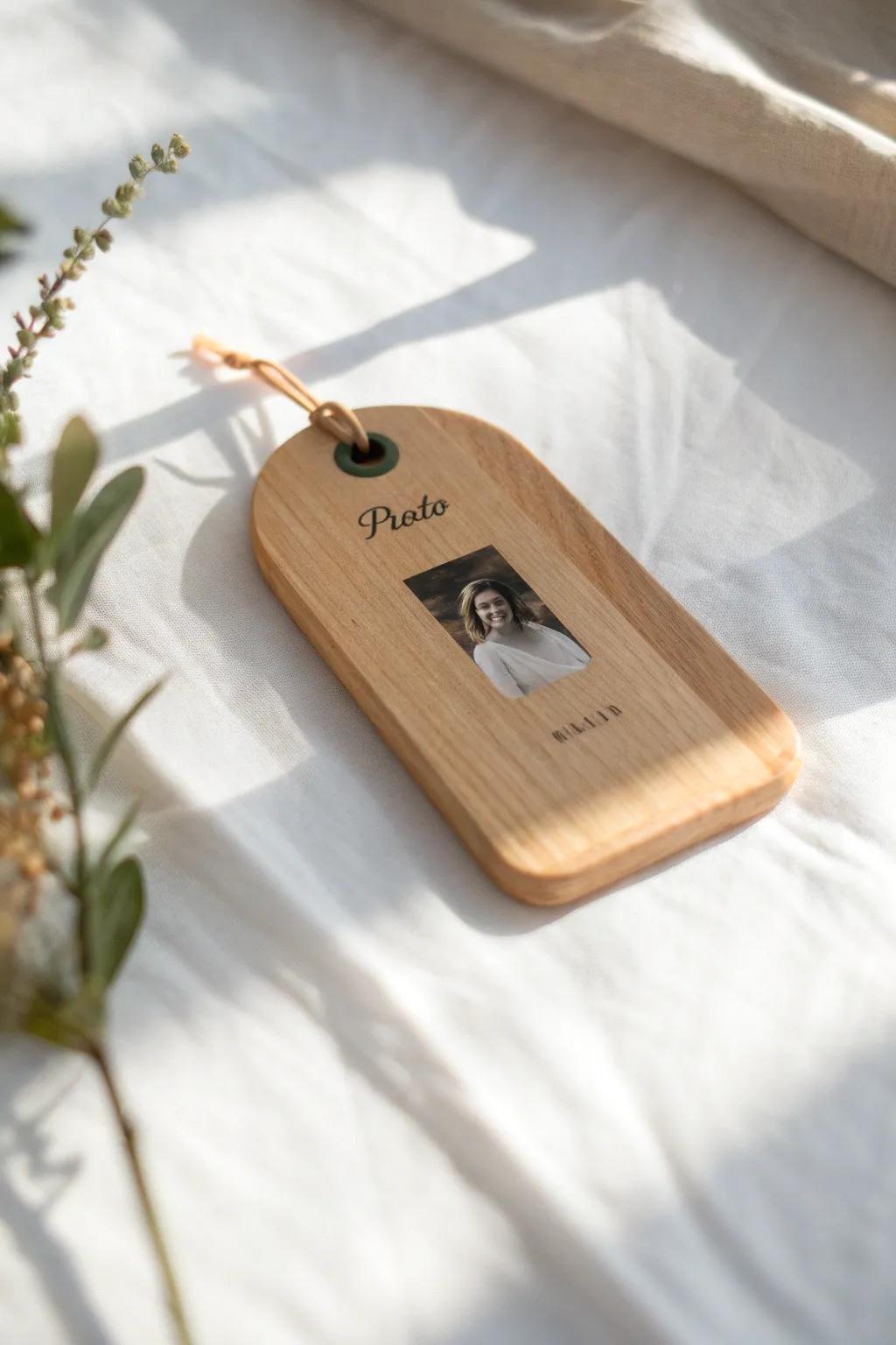 Personalize your gatherings with charming, photo-adorned name tags that blend minimalist design with a boho flair.