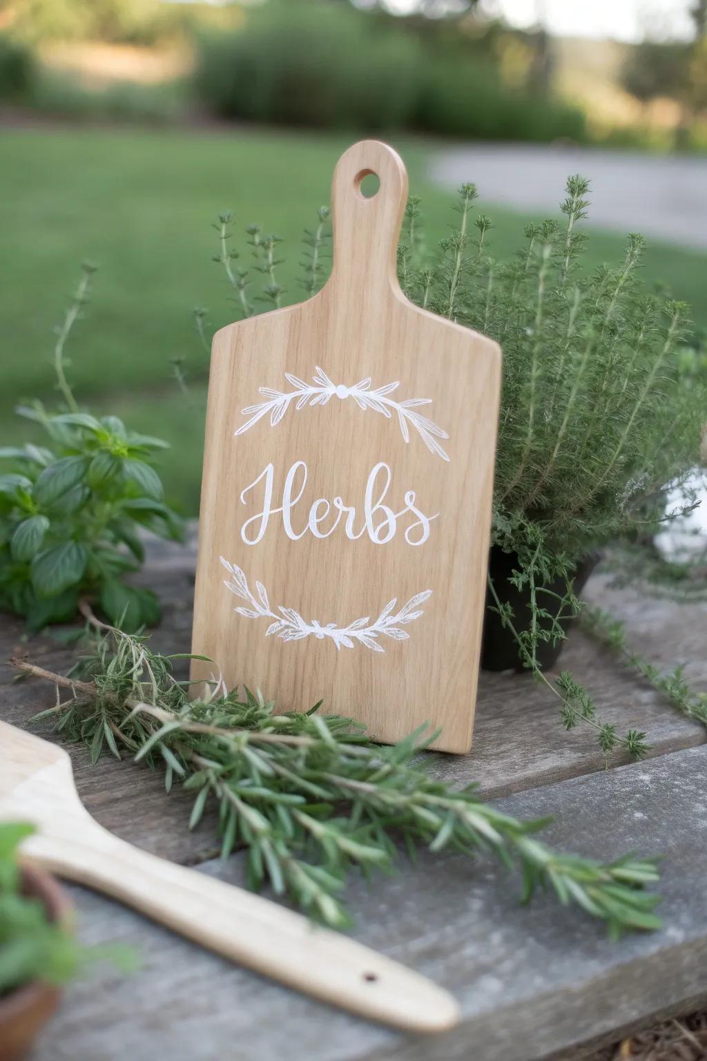 Transform your garden with charming herb signs made from repurposed cutting boards. Embrace simplicity and natural beauty.