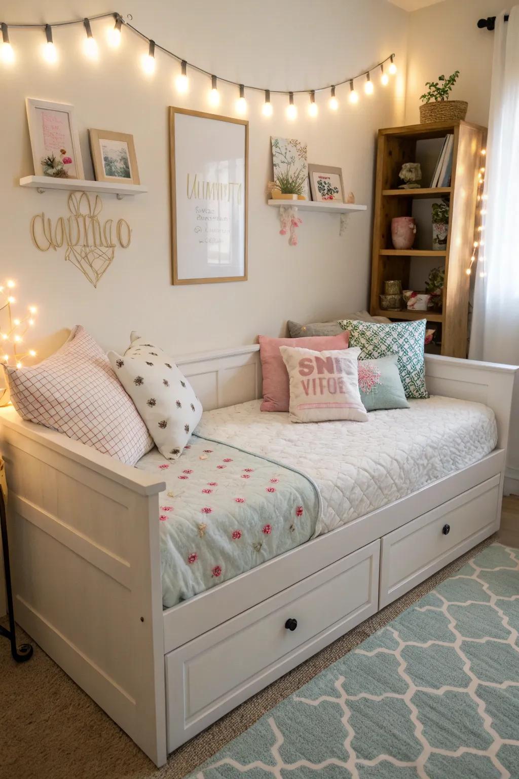 A daybed offers both seating and sleeping space in a small bedroom.