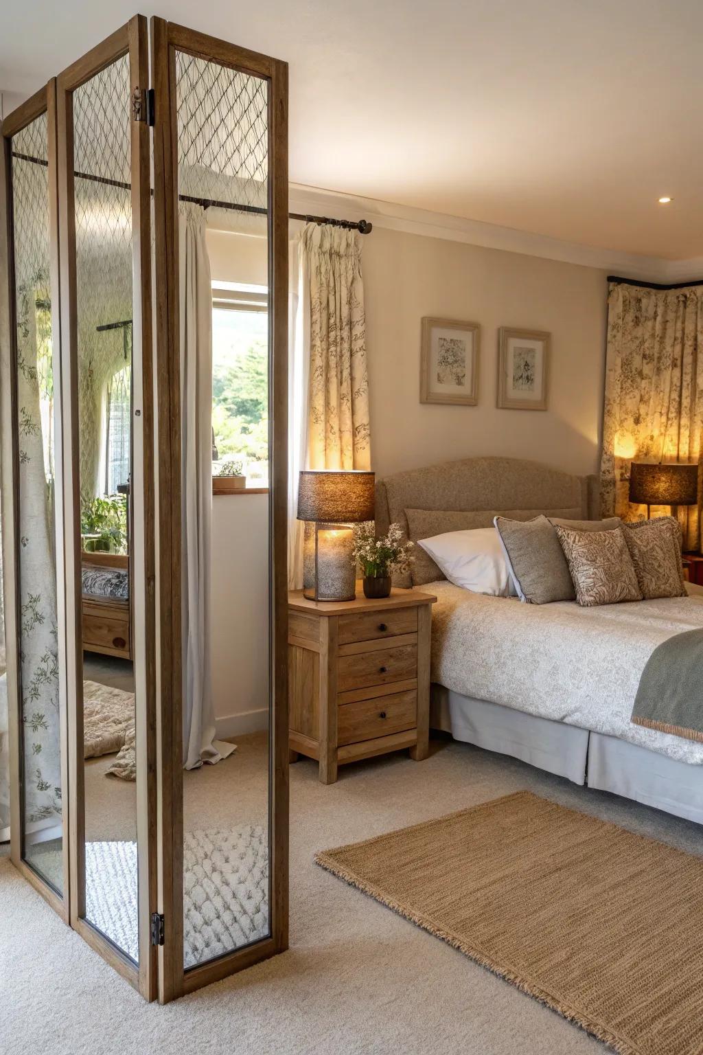 Mirrored screens enhance light and space in any room.