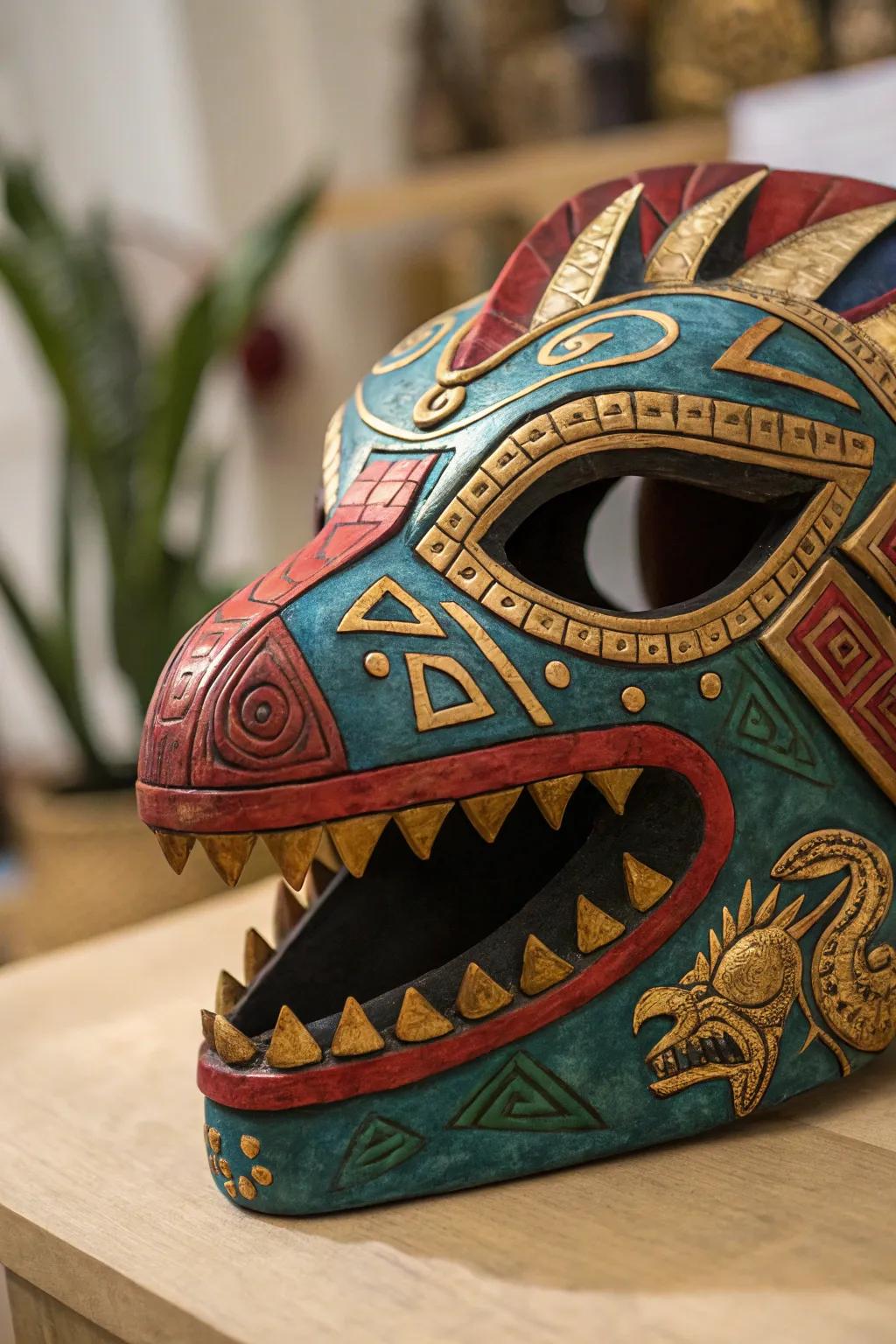 Unleash the mystique with Aztec-inspired patterns on your dino mask.