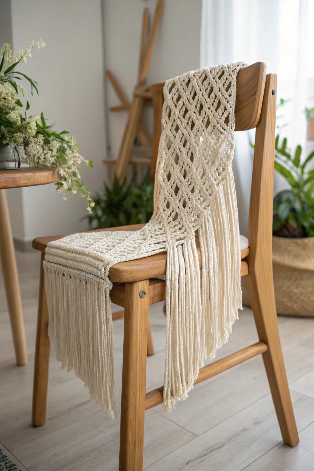 Add a touch of timeless boho elegance to your baby shower with a handcrafted macramé chair cover.