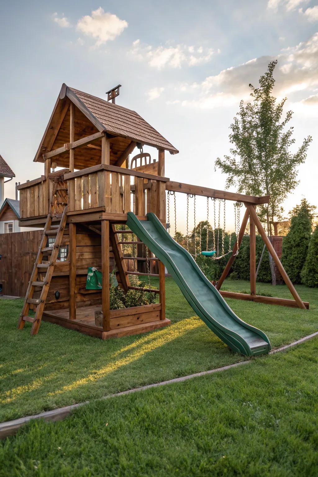 Elevate your backyard with this expertly crafted swing set and slide combo - where play meets craftsmanship.