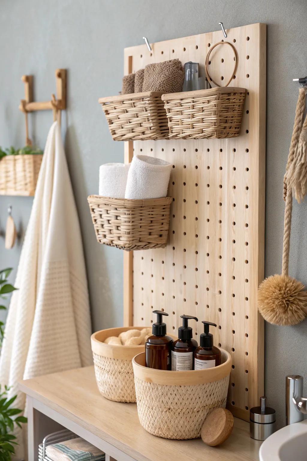 Transform your bathroom into a haven of style and organization with this chic pegboard setup! #MinimalistMagic #ScandiStyle