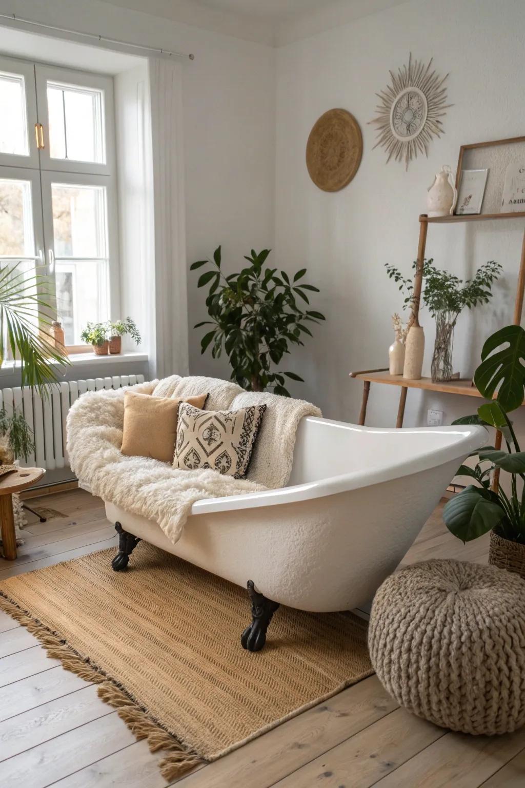 Transform your bathtub into a chic sofa centerpiece—where creativity meets Scandinavian simplicity with a boho twist.