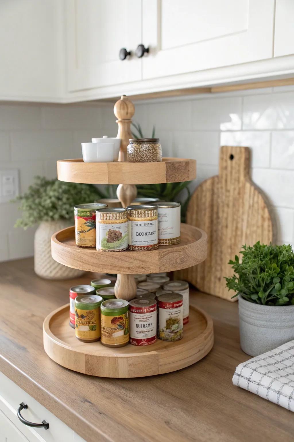 Transform your kitchen corners with a stylish lazy Susan for easy and elegant canned food storage!