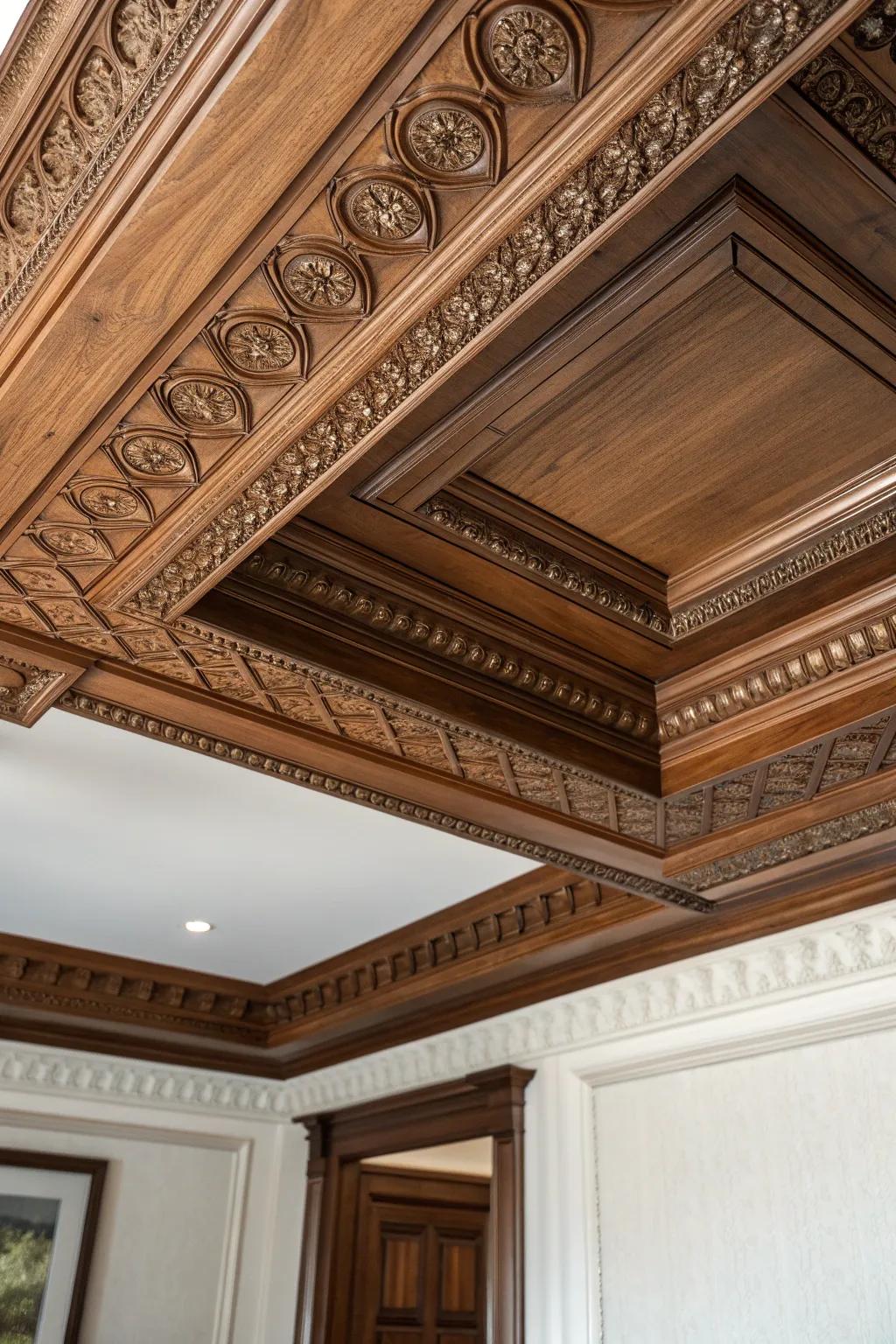 Elevate your space with the timeless elegance of crown molding on a coffered ceiling.