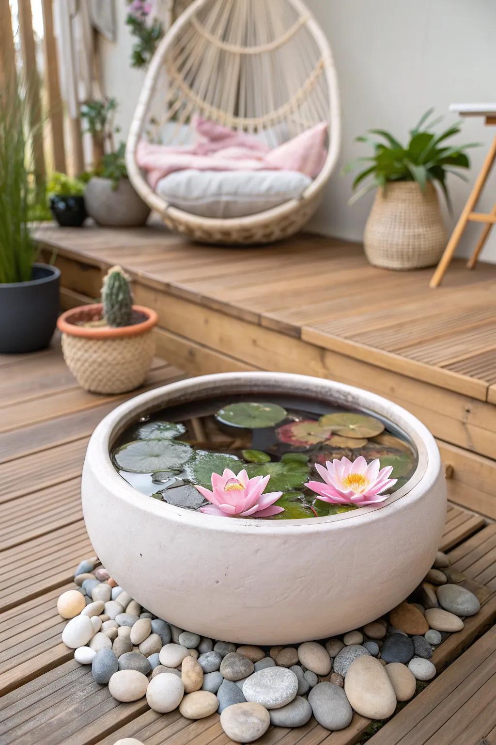 Embrace serenity with this pebble-lined container pond, where simplicity meets natural beauty.