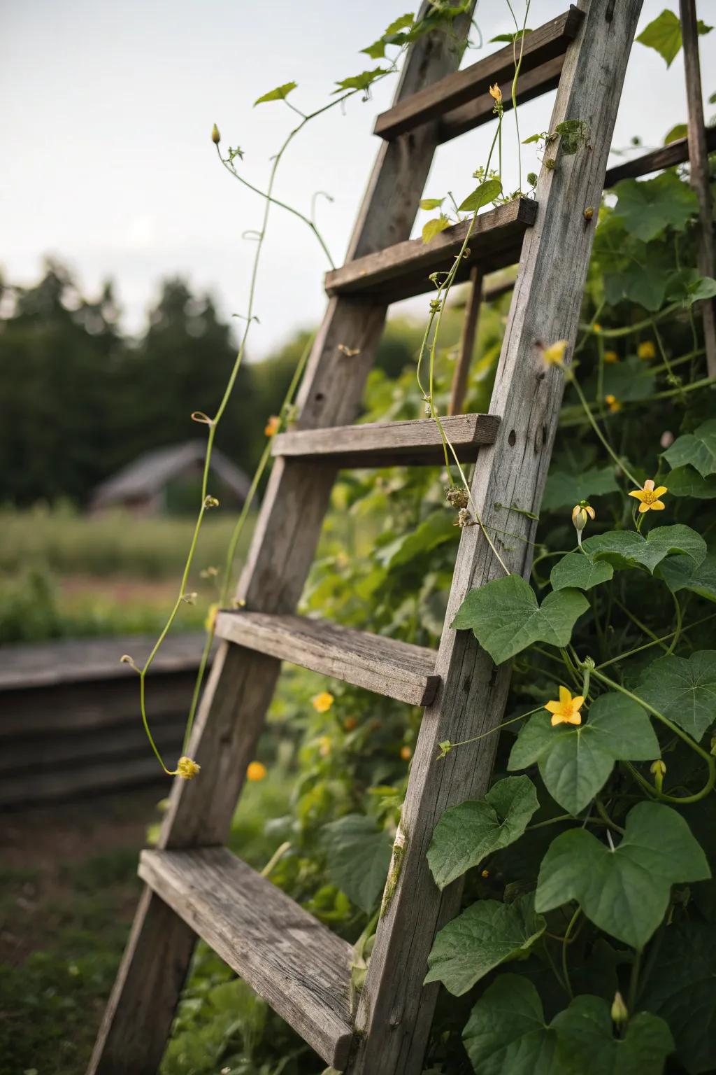 Turn a humble step ladder into a charming cucumber trellis for a whimsical garden touch. 🍃🌿