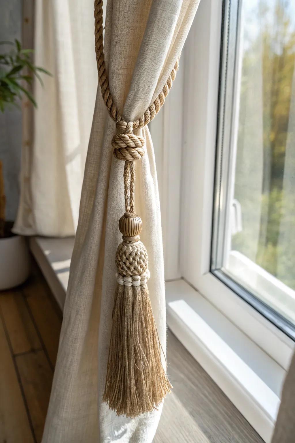 Add a touch of playful elegance to your windows with handcrafted jute tassels. #DIYHomeDecor #ScandiBohoStyle