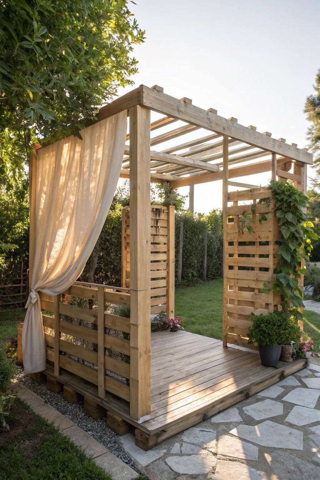 Craft a cozy corner for your furry friend with a repurposed pallet pergola—where sustainability meets style!