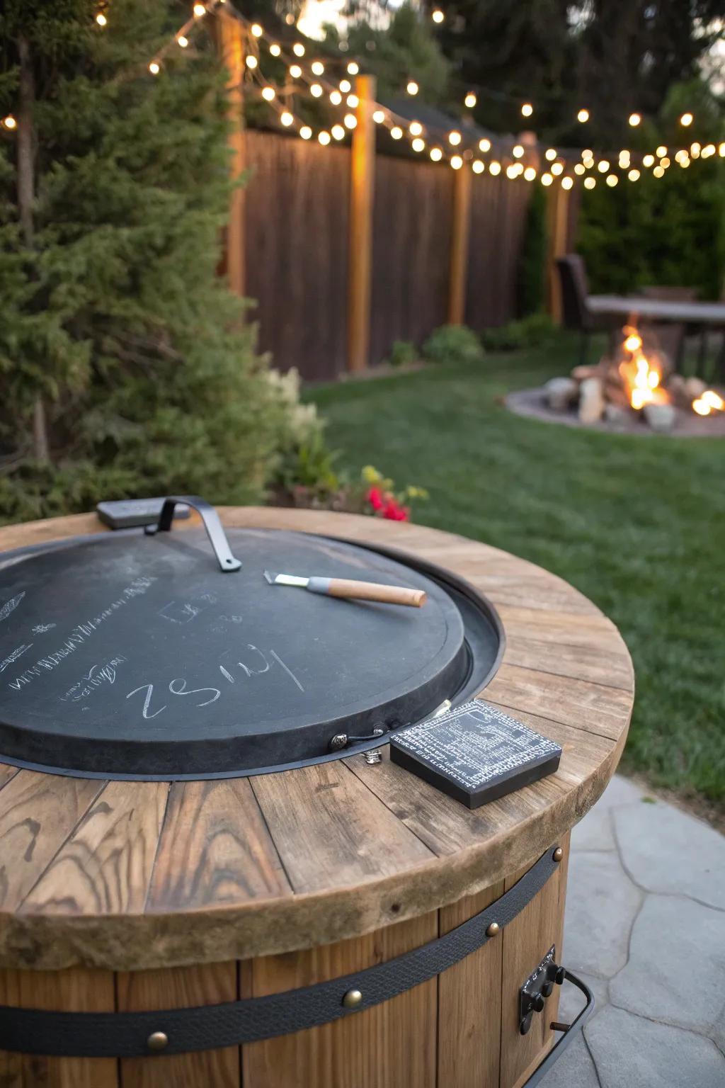 Transform your firepit into a canvas with this stylish chalkboard cover, perfect for adding personal flair to your backyard.