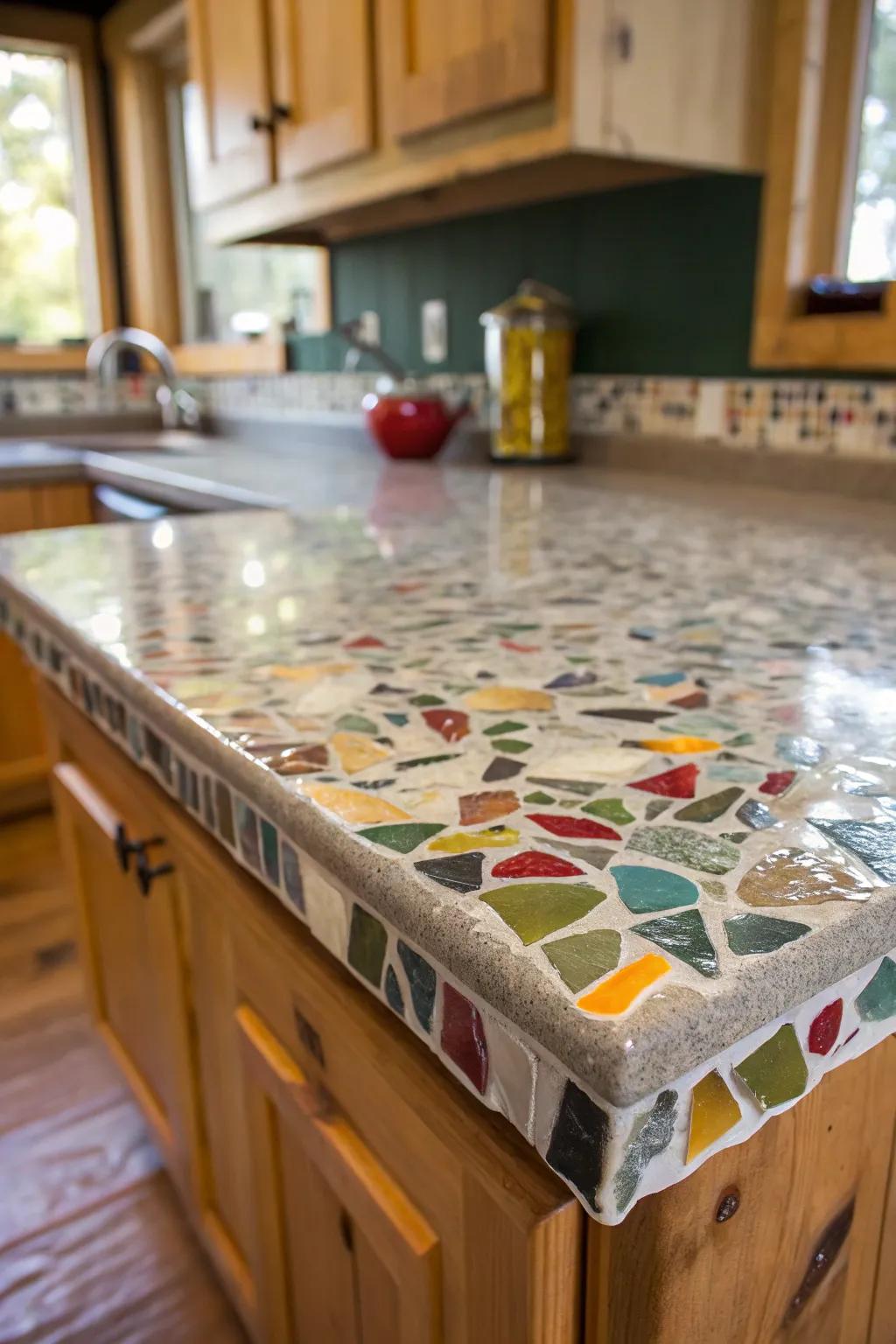 Illuminate your kitchen with the artistry of recycled glass countertops—where sustainability meets stunning design.