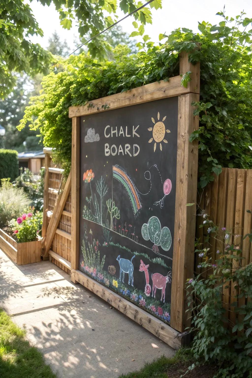 Unleash creativity with a DIY outdoor chalkboard wall—where art meets nature in perfect harmony.