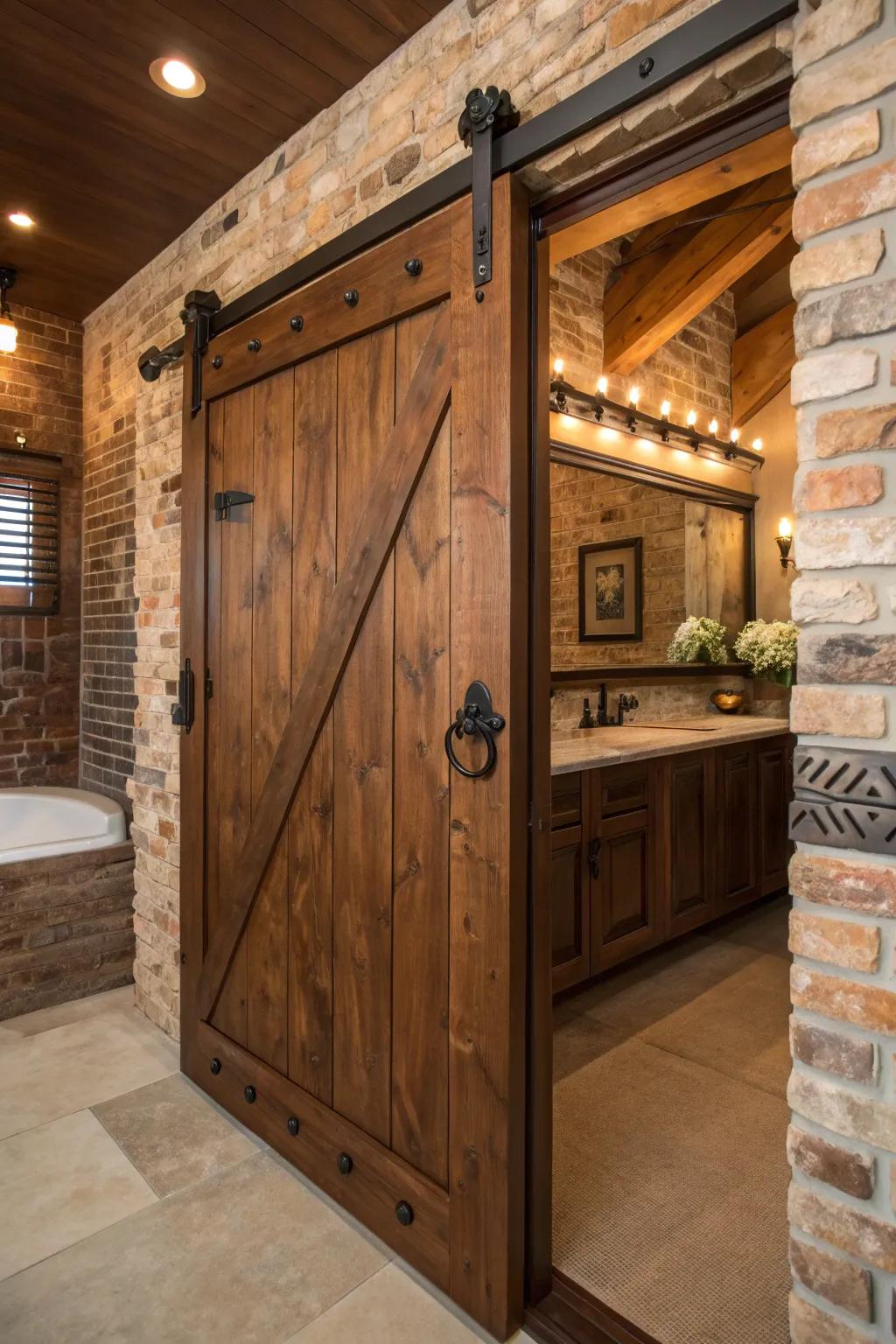 Elevate your bathroom's aesthetic with a rustic barn door—where craftsmanship meets charm.
