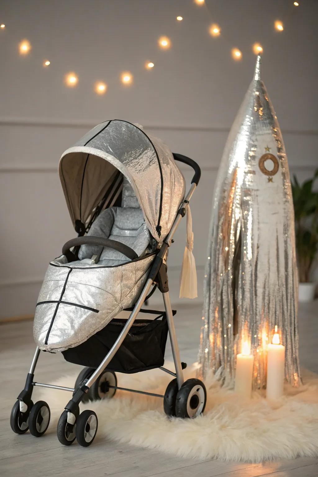 Blast off in style with this stunning DIY rocket stroller costume, where minimalism meets imagination!