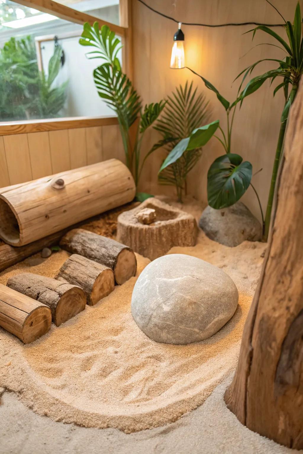 Elevate your sulcata tortoise's habitat with chic climbing features that blend simplicity and natural elegance.