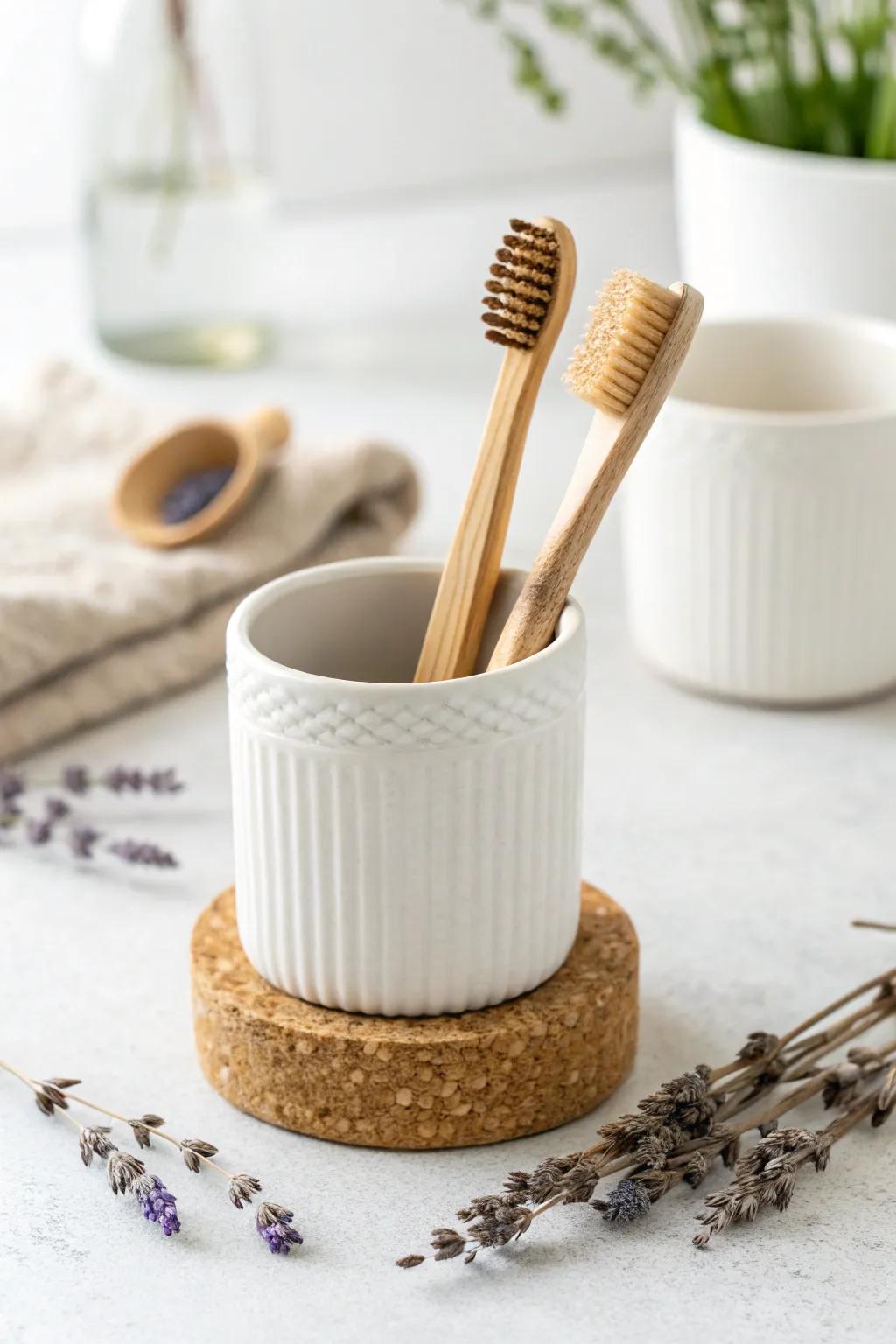 Transform your kitchenware: Repurposed ramekins make chic and eco-friendly toothbrush holders! 🌿✨ #DIYDecor #ScandiBoho