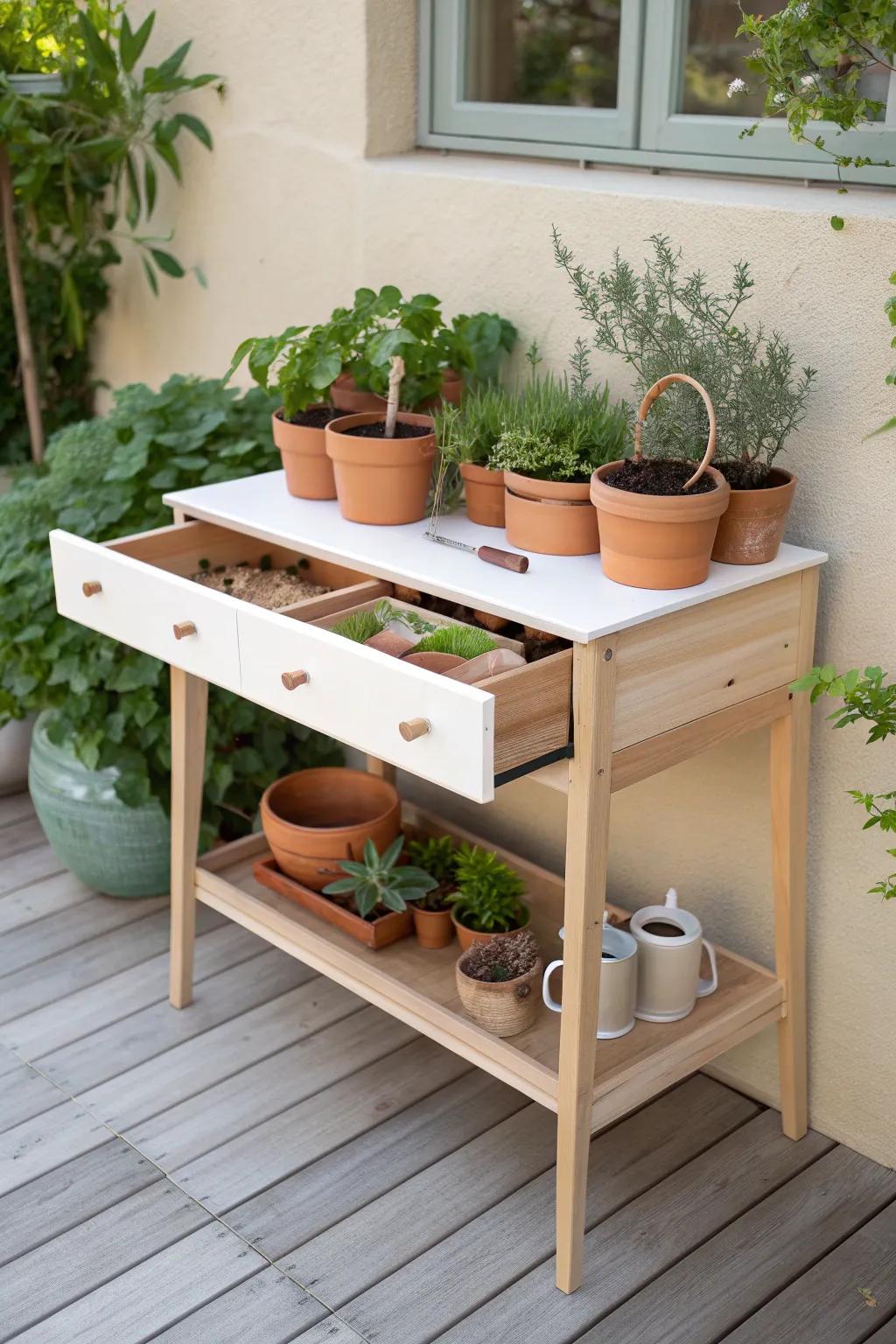 Transform your old drawers into a chic potting bench with Scandinavian minimalism and Boho charm. Perfect for your gardening sanctuary!