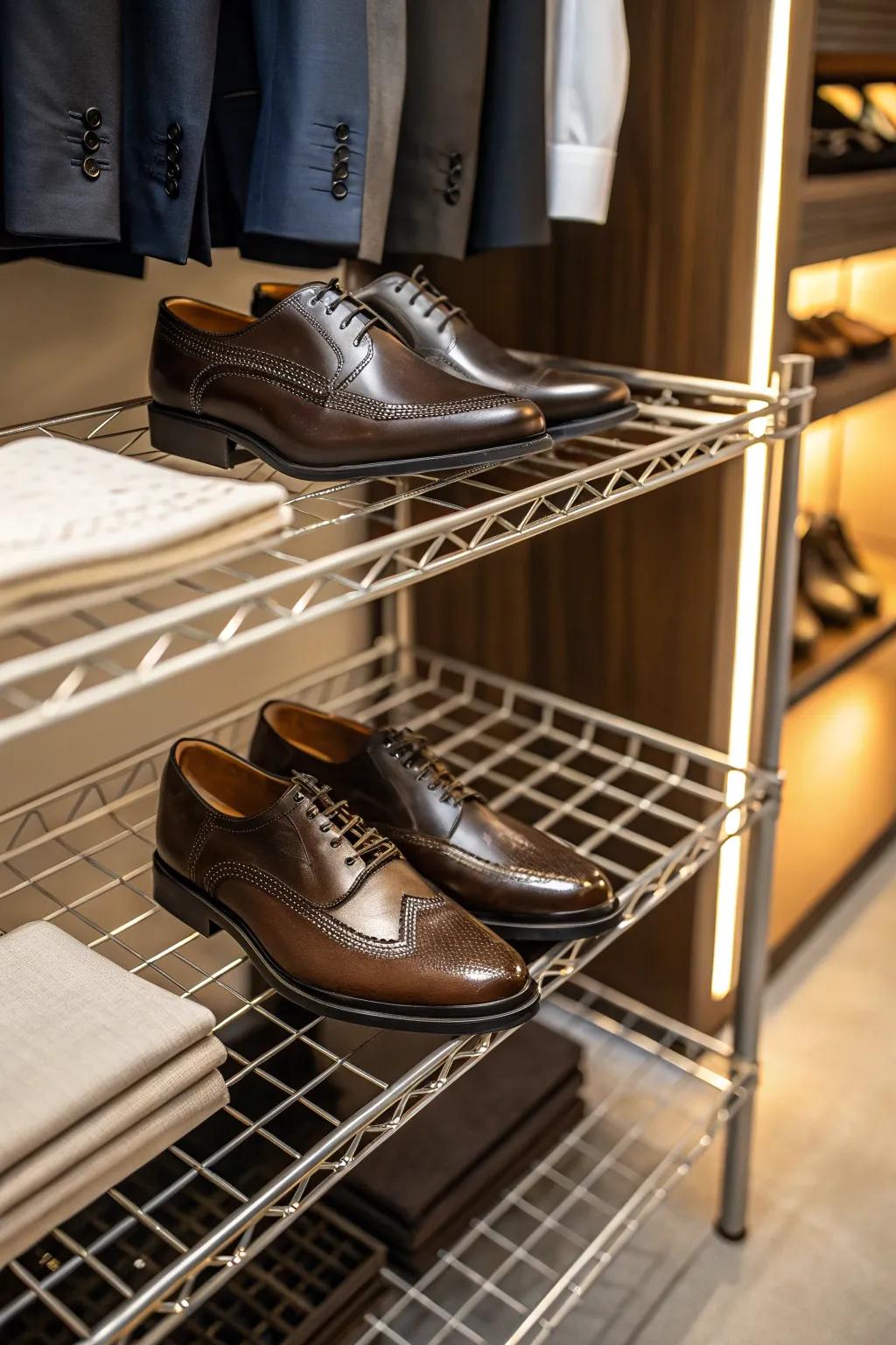 Elevate your closet with boutique-style shoe displays that showcase your collection's elegance.