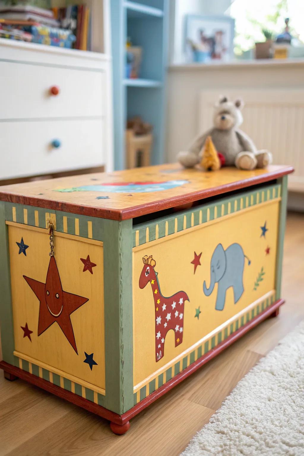 Transform an old toy box into a playful masterpiece with vibrant colors and delightful stencils.