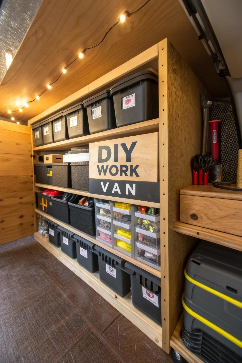 Transform your work van with expertly crafted shelving and stackable bins for seamless organization.