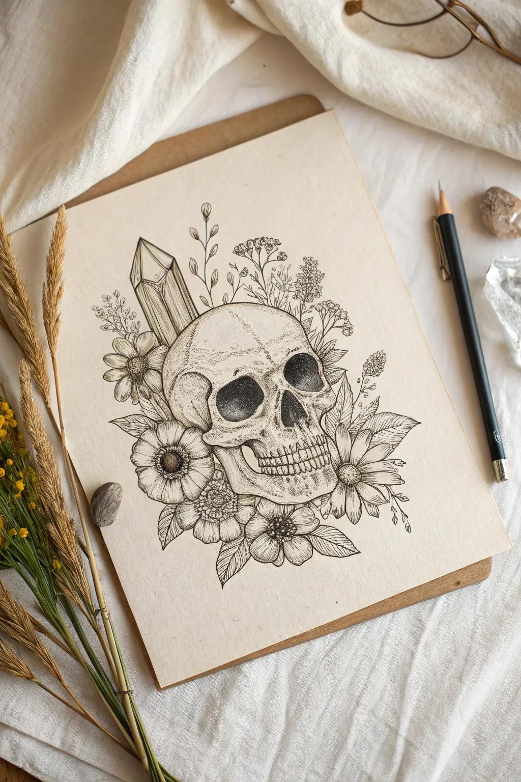 Embrace the beauty of contrasts with this enchanting skull drawing, where nature and artistry unite.