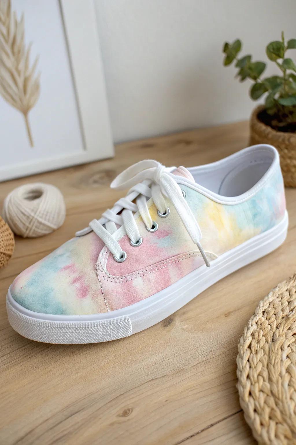 Step into the sunrise with pastel tie-dye shoes – a dreamy blend of simplicity and elegance.