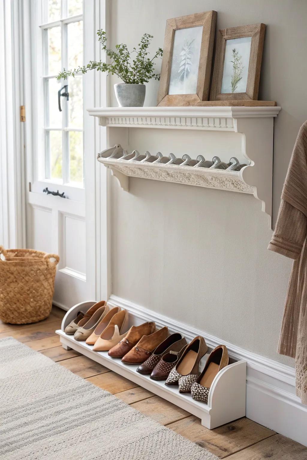 Transform your space with this chic rain gutter shoe storage solution—where Scandinavian minimalism meets boho charm.