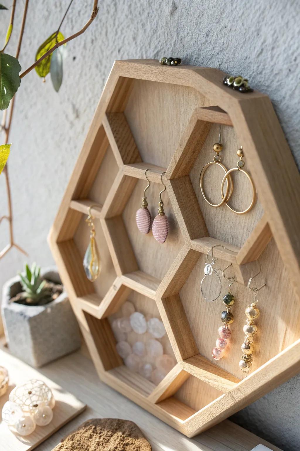 Transform your earring collection into stunning wall art with a honeycomb display. Perfect for the minimalist with a boho flair!