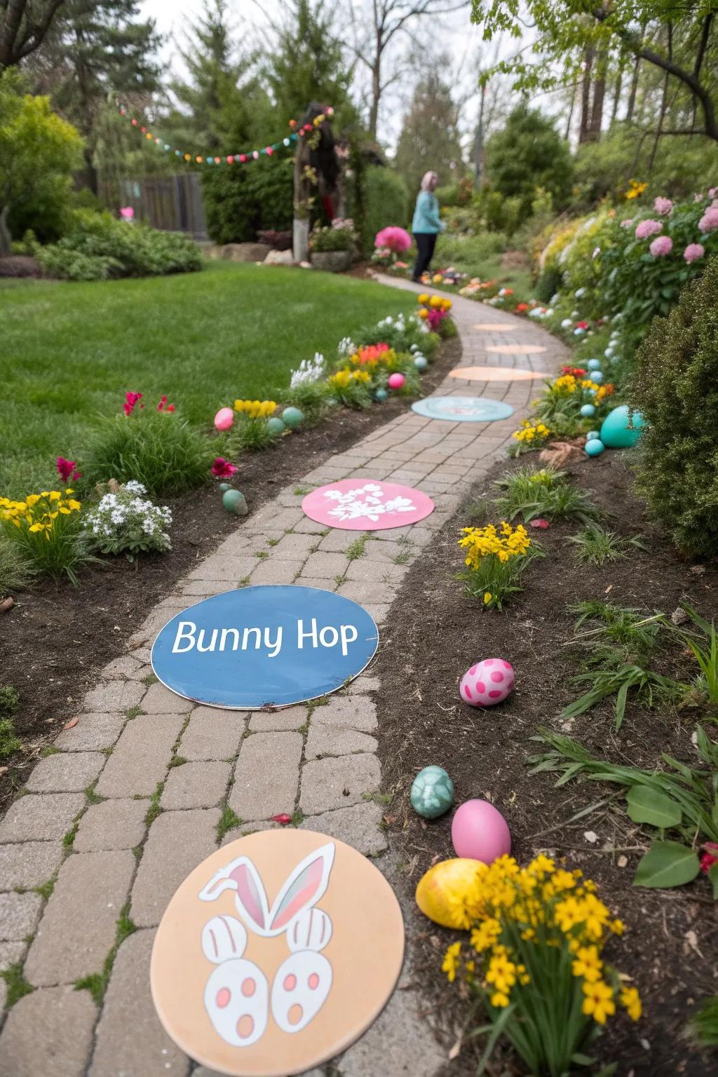 Encourage active play with a bunny hop game along the trail.
