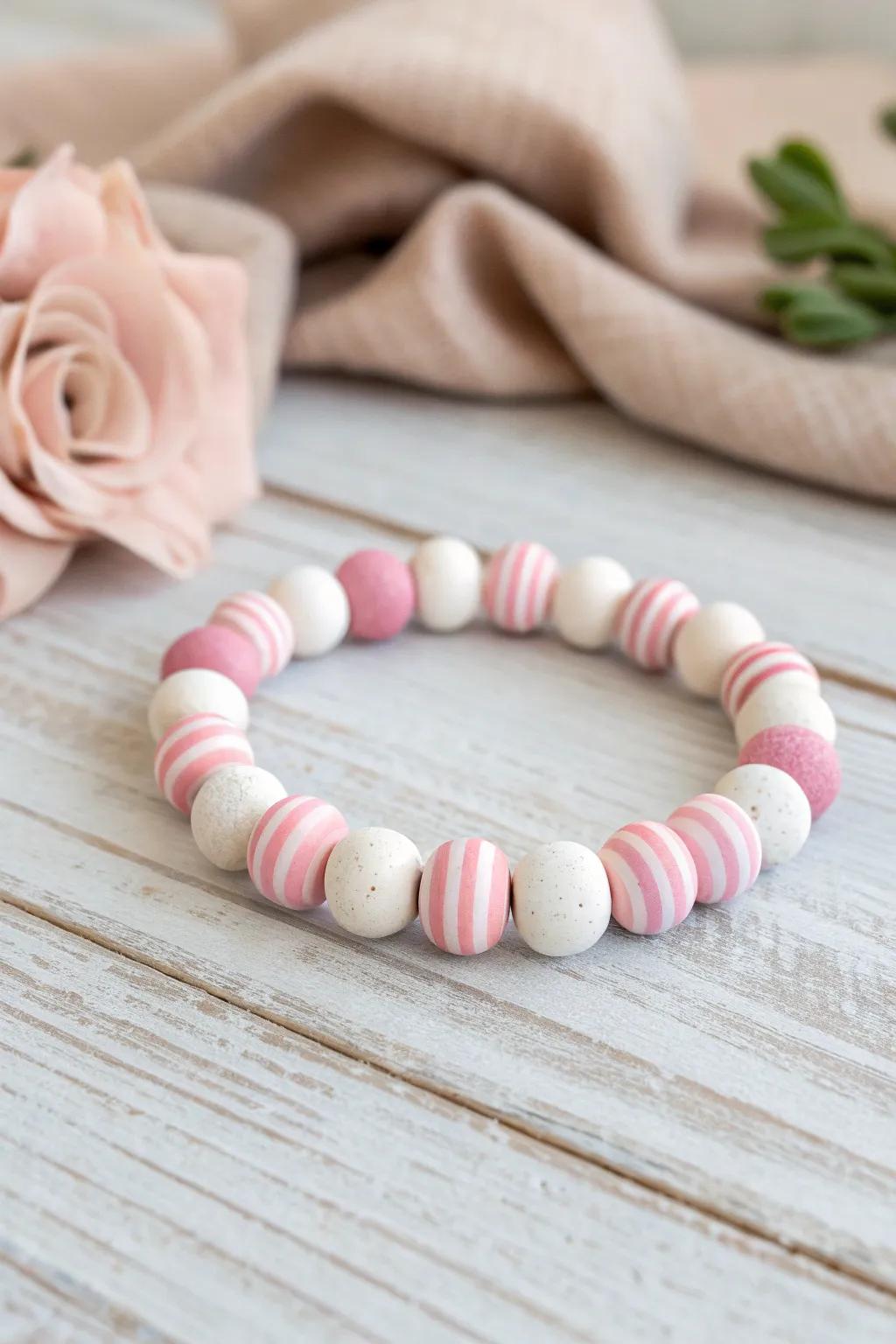 Add a playful twist to your style with this quirky striped clay bead bracelet!