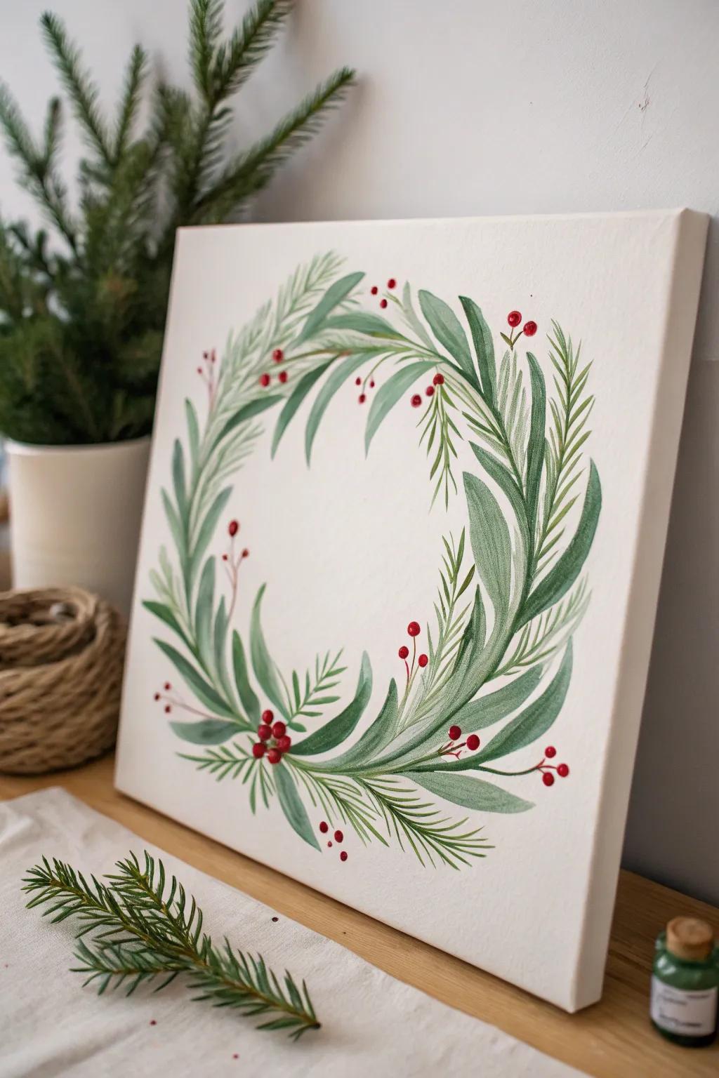 Embrace the festive spirit with a minimalist Christmas wreath painting that exudes elegance and warmth.