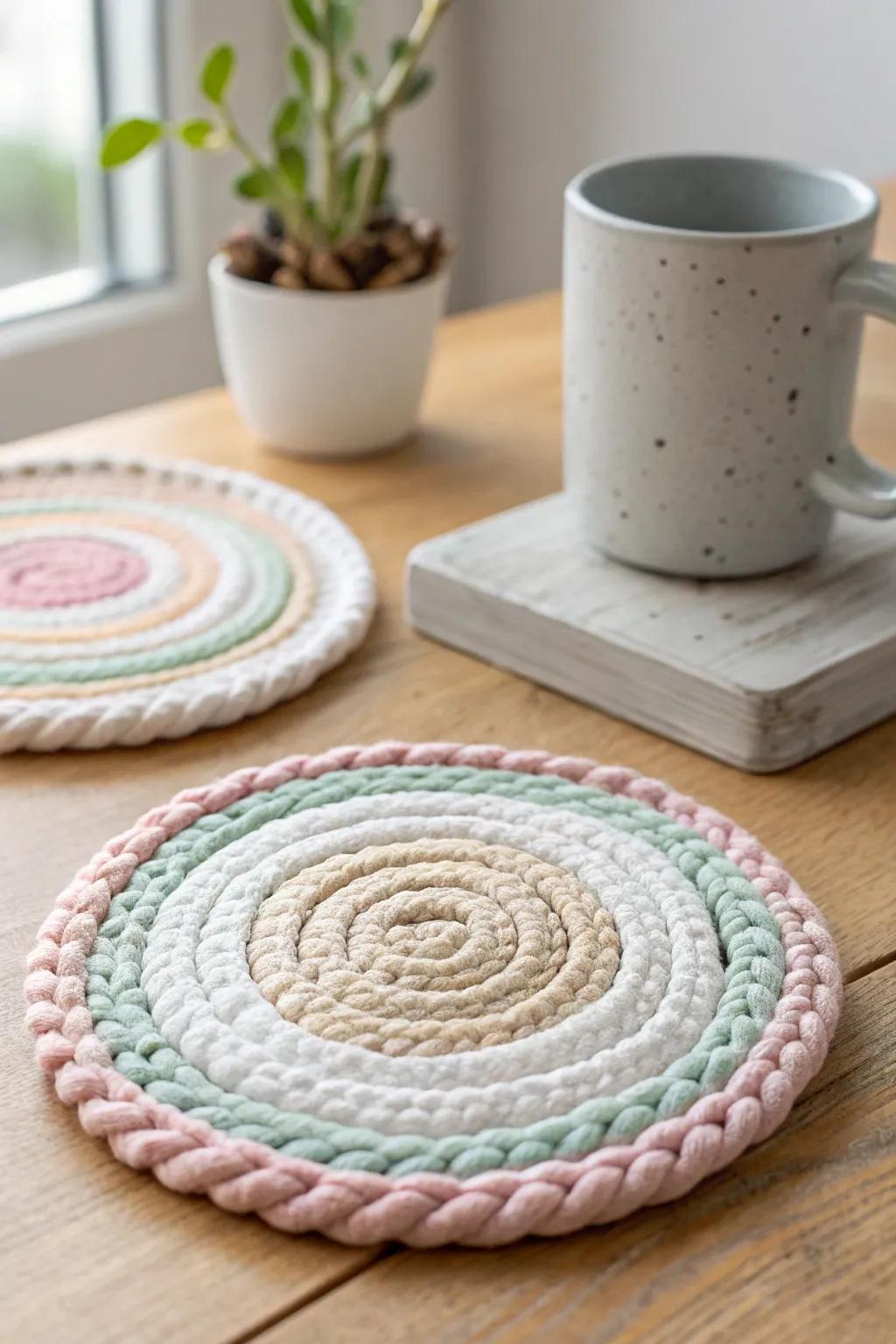 Transform old tees into charming yarn coasters—perfect eco-friendly gifts with a touch of Scandinavian and Boho elegance!