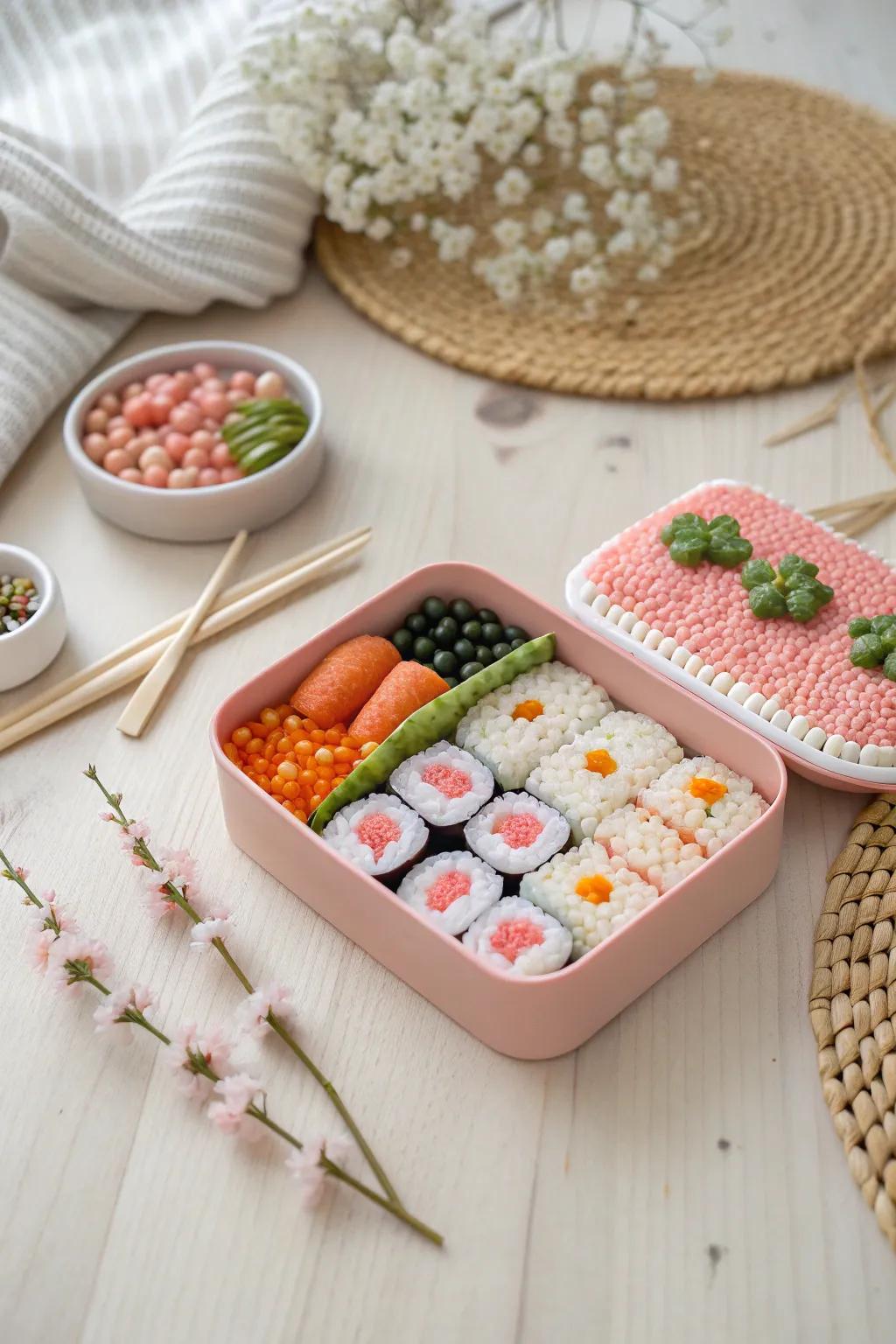 Bring a touch of playful elegance to your dining table with these charming bento-inspired perler bead decorations!