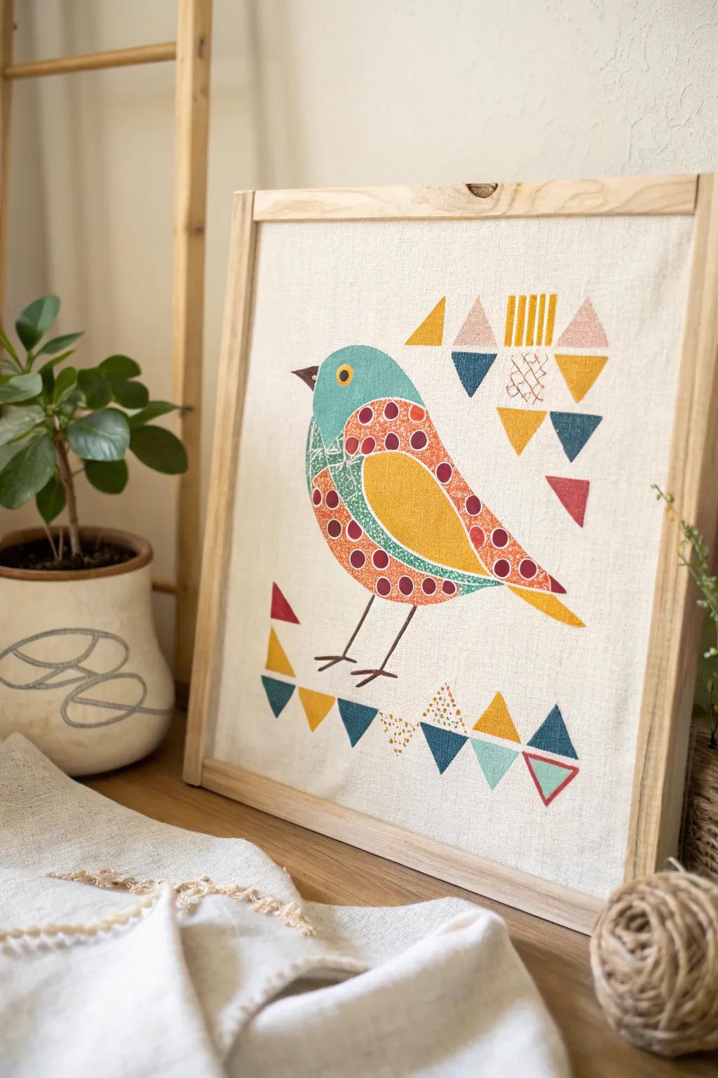 Add a splash of whimsy and color to your space with this charming funky bird illustration.