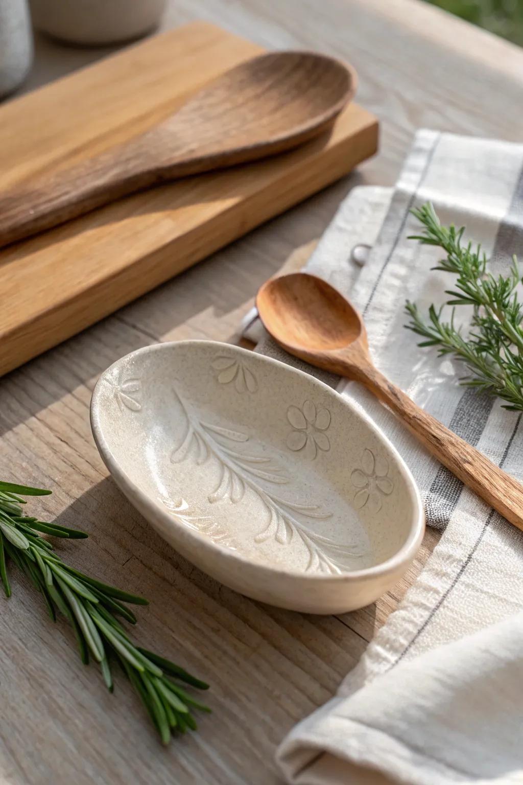 Elevate your kitchen's elegance with a handcrafted ceramic spoon rest that combines simplicity and natural beauty.