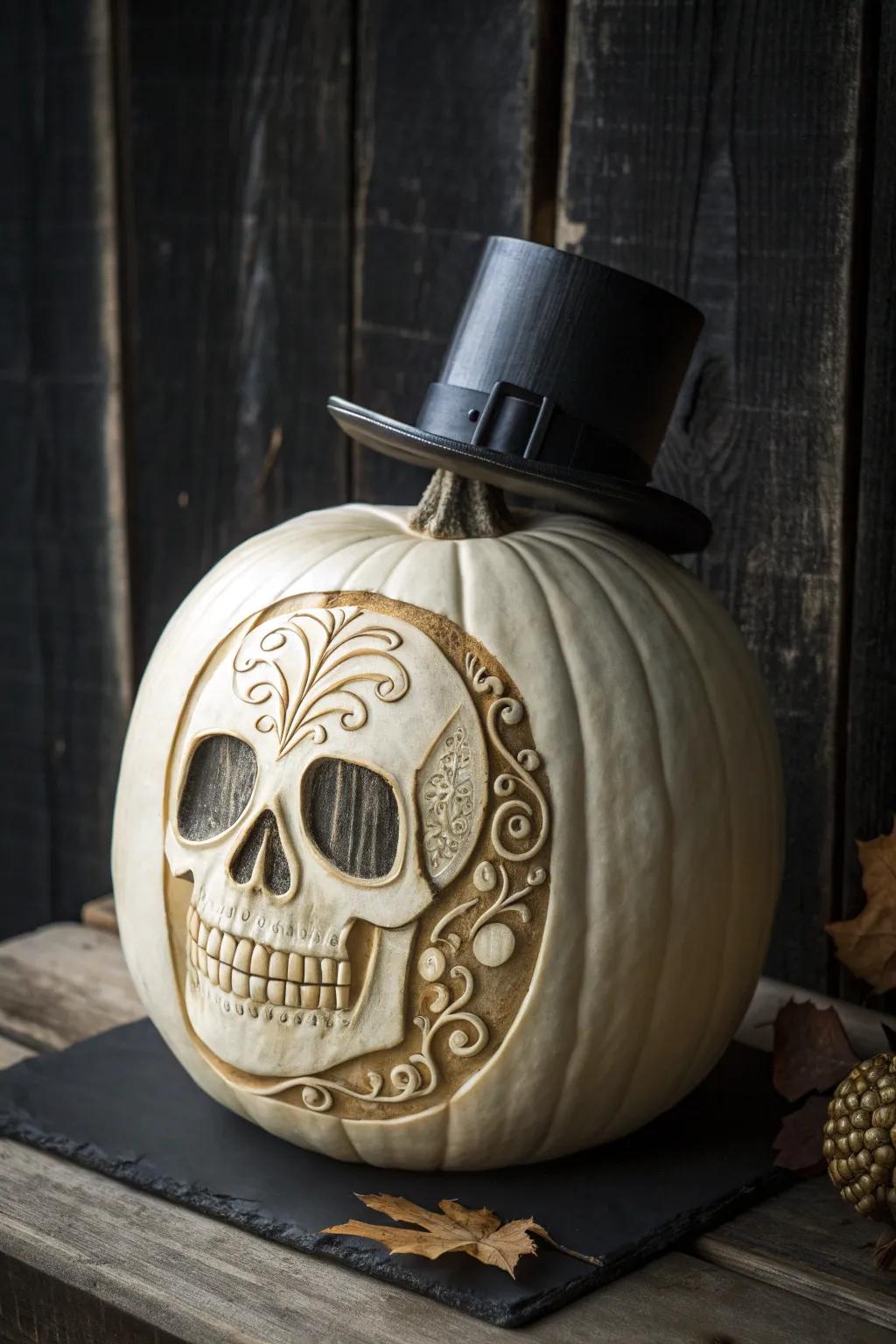 Elevate your pumpkin carving with a dapper top-hatted skull design.